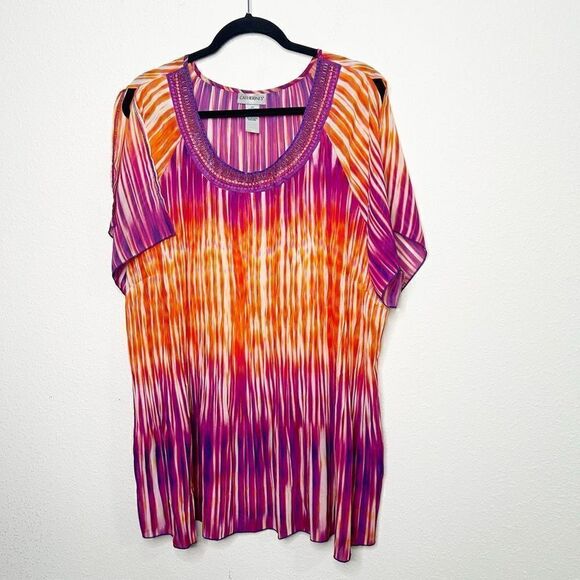 Catherine’s Sequin 70’s Multicolor Tie Dye Crinkle Split Sleeve Top Size 2X - Picture 1 of 13